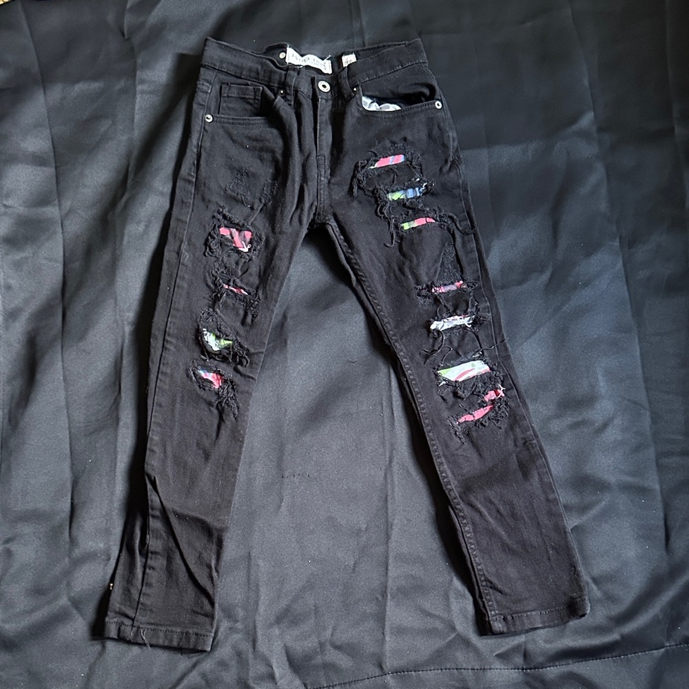 Black Distressed Jeans with Colorful Accents
